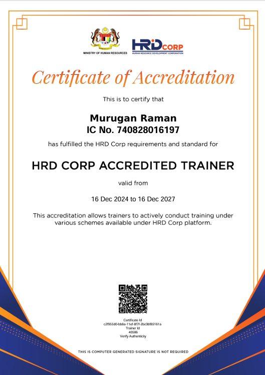 HRD Corp Certificate of Accreditation — Murugan Raman (Ram.G)